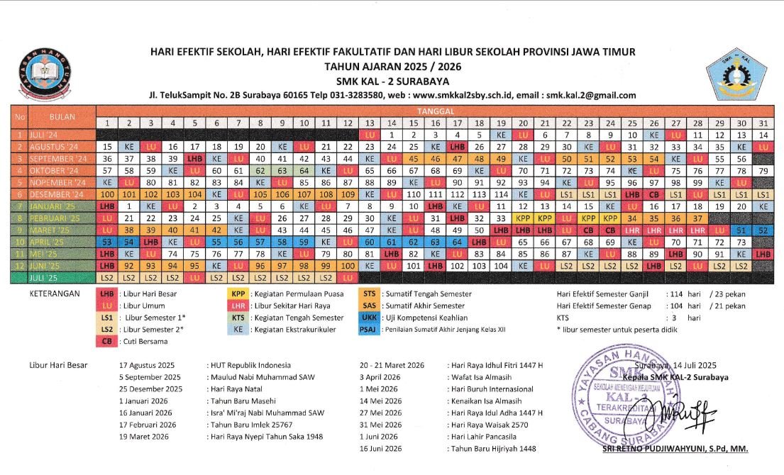 Pengumuman Kalender Pendidikan Tahun Pelajaran 2025/2026 di SMK KAL - 2 SURABAYA